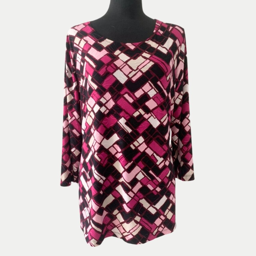 JM Collection Shirt Purple Geometric  3/4 Business Casual